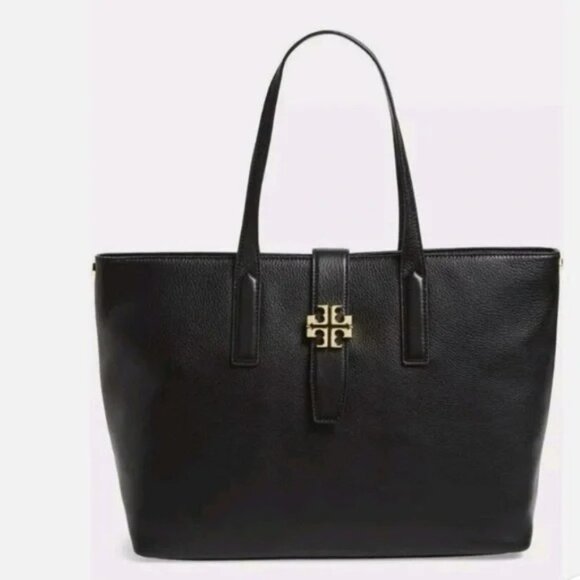 Tory Burch Meyer Plaque Pebbled Leather Tote Bag in Black - Picture 1 of 11